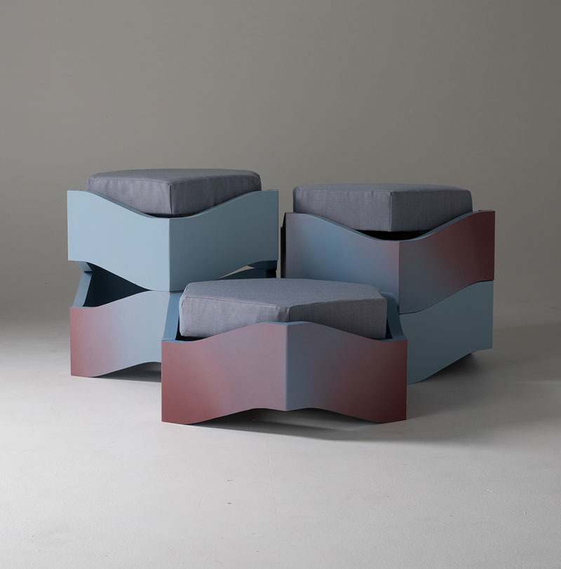 three modular stools wood and textile
