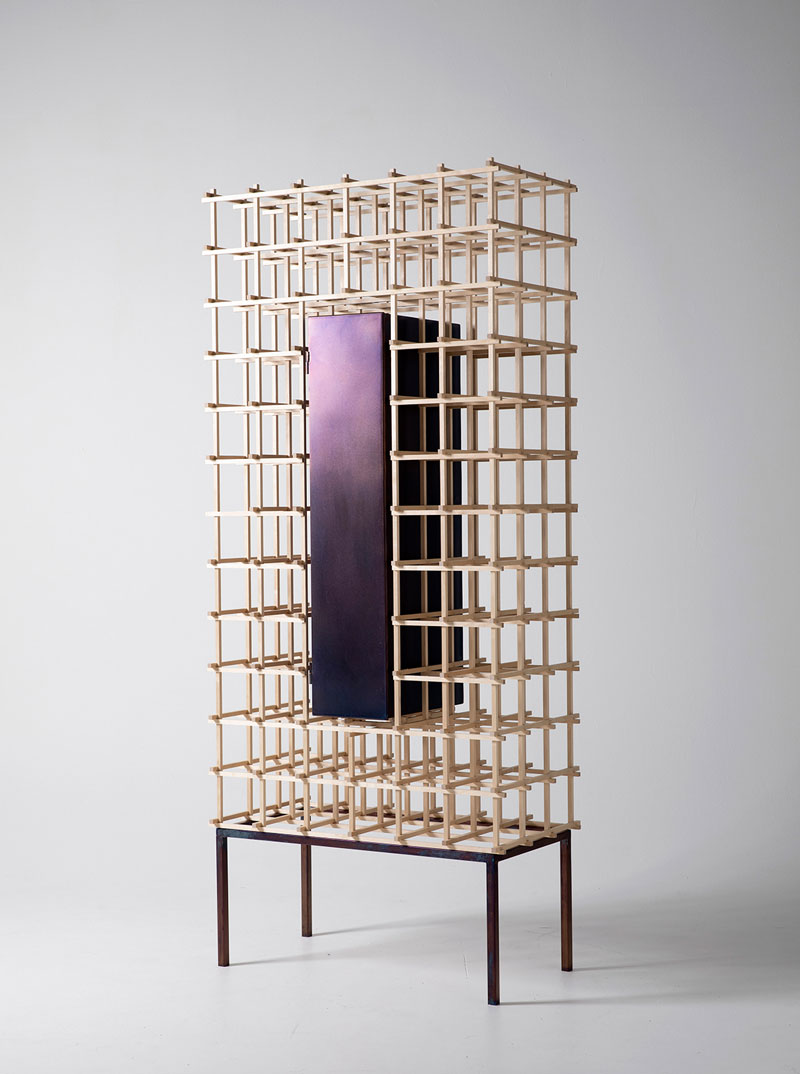 perspective cabinet of wooden sticks heated metal